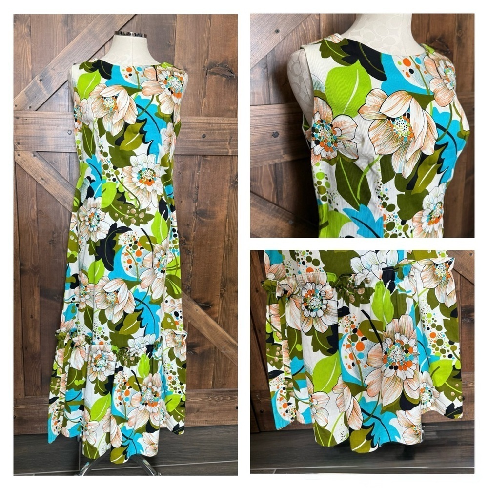 Vintage 60/70s Floral Hawaiian Sleeveless Tiered Maxi Dress Size 8